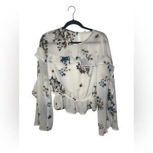 June & Hudson Cream Blue Ruffled Peplum Blouse